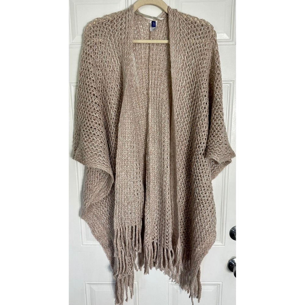 Apt. 9 Womens Open Front Knit Poncho Wrap Fringe Hem Tan Cream One Size
